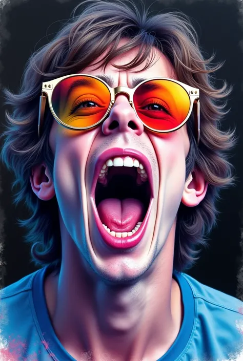 high quality, 8K Ultra HD, "A portrait of a teenager ressembling Mick Jagger with his mouth wide open and a pair of colorful sunglasses in a soft, watercolor style. The teenager should be in cobalt and pink colors with paint smudges and watercolor paint mi...