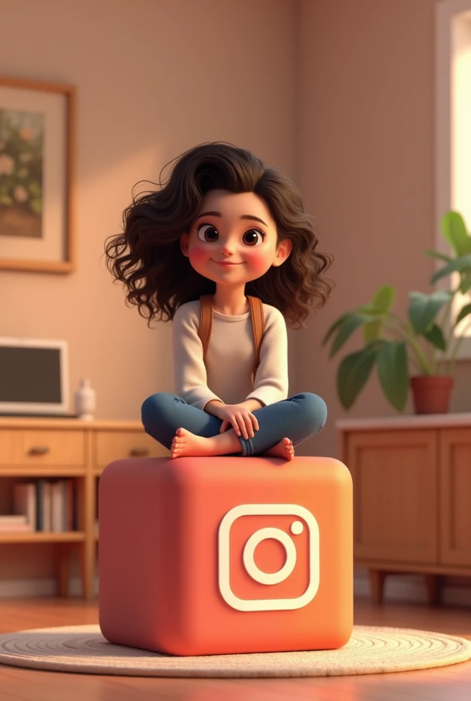  Create a 3d illustration of a relaxed animated character in a cozy environment ,  the character is 30 years old ,  she is sitting on a cube with the Instagram logo .  This character is female , Use agated-shaped lenses,  her hair is curly dark brown ,  lo...