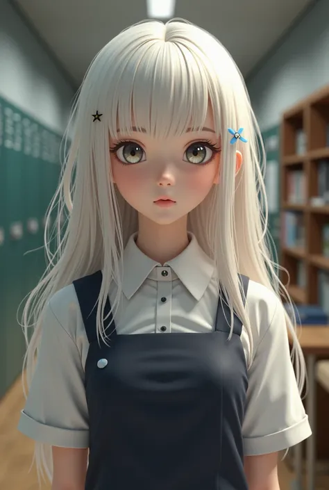 a high school girl with light blond or white hair