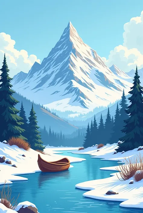 A comic snow landscape where there is a river with a small boat in the front and a huge mountain full of snow in the background. The boat on the river is a small wooden boat and the whole picture is comic