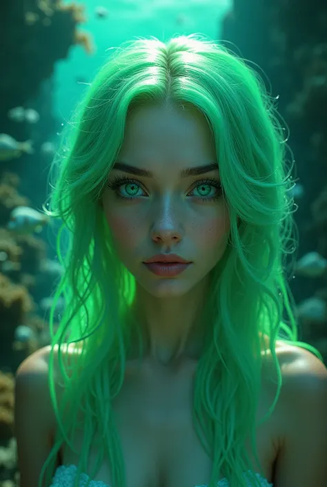 A beautiful womans face with translucent glowing green hair looking at the camera emerald eyes very intricate highly detailed background in an ocean 3d