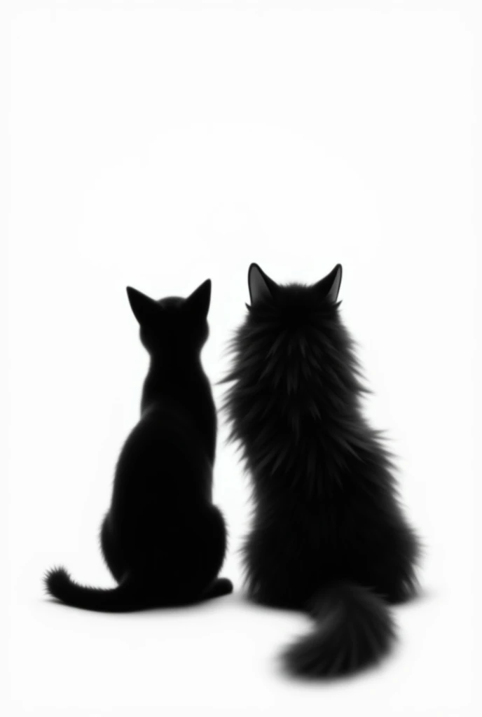 Deux silhouette de chats, Un chat noir  et un gros a poil long ,de dos sur fond blanc 