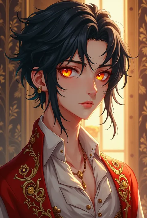 A feminine anime boy with black hair and orange eyes wearing a royal clothing.