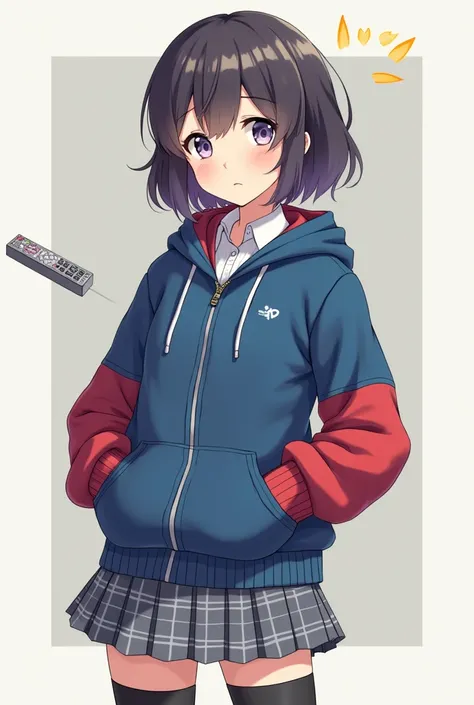 Anime girl with The sweater is of school design with a blue body and a blue hoodie and red sleeves with tight cuffs that include a detail of lines in blue and white. It has a full zip,  side pockets and with a skirt it is gray with a pattern of squares in ...