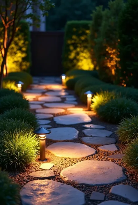 "Backyard design at night with charming path lighting. A stone or brick path appears illuminated by low floor lamps, distributed evenly along the path for soft and safe lighting. There are also lamps built into the floor between the stones to create a beau...