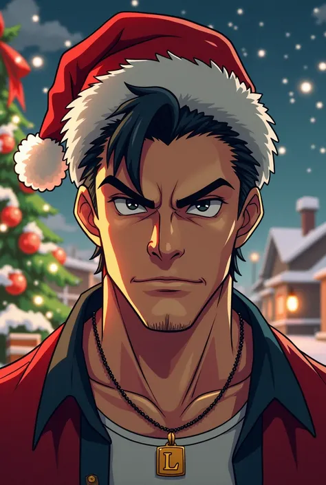 adult male anime style WITH A CHALLENGING LOOK and a Christmas hat, also a small necklace with the letter L, on a Christmas background 