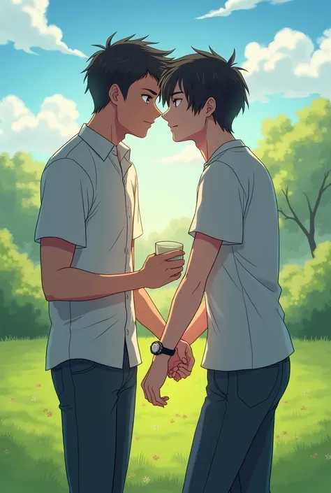 Two anime men having sex outdoors, on a lawn