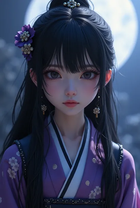 Japanese girl, s, pretty, very seductive.  long hair,  black hair, smooth hair. Medieval Japanese clothing ,  purple and black clothes .  Moon embroidered clothing