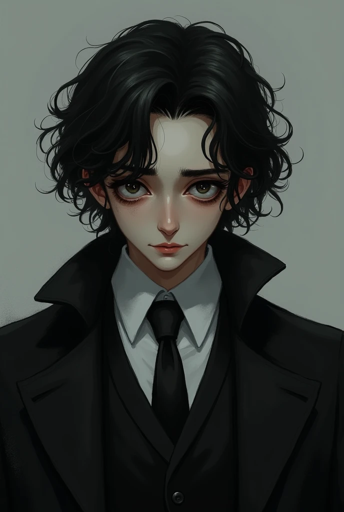 a 23 year old man with black mid lenght curly hair, black eyes and a pale face. he has dark under eyes and he looks sleepy and tired. he wears a black suit and a black coat. 