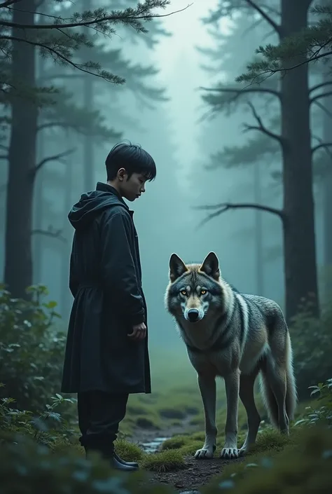  in a green forest , with a cold climate ,  there is a skinny Korean teenager of approximately 18 years old ,  and next to this man ,  there is a big gray wolf with yellow eyes staring at this man. 