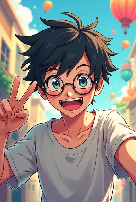 Create a anime boy with t shirt and with circle glasses and hair black and having fun with selfie pose