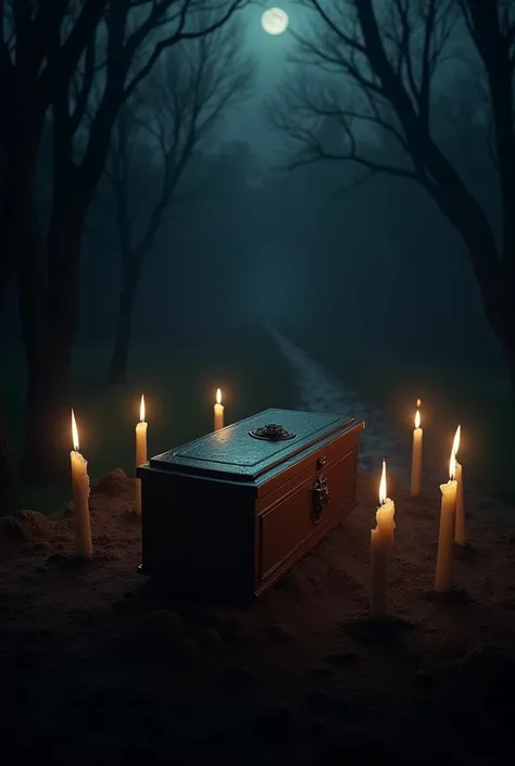 Sealed casket with seven candles beside you the dark night