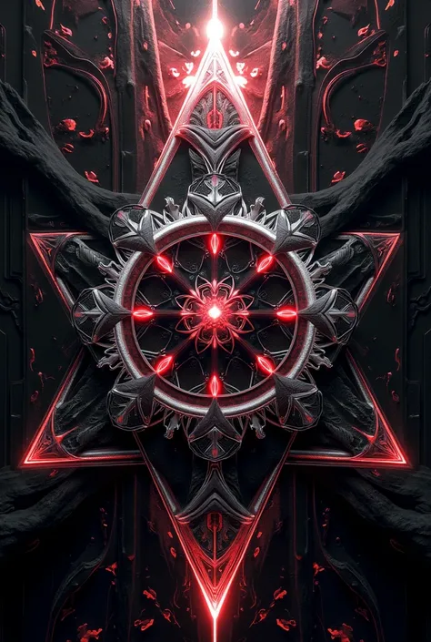 “An abstract, dark psychedelic artwork inspired by psytrance album covers, featuring symmetrical geometric shapes and patterns. The design includes intricate mandalas, tessellations, and sacred geometry forms, with a color scheme dominated by black, white,...