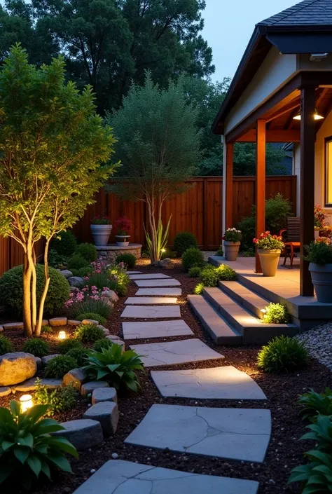 “Backyard design at night with lighting that highlights the artwork. Pottery is decorated with spotlights that highlight its fine details, while there are soft lights under the flowers and small trees. In the corners, there are colored LED lights that chan...