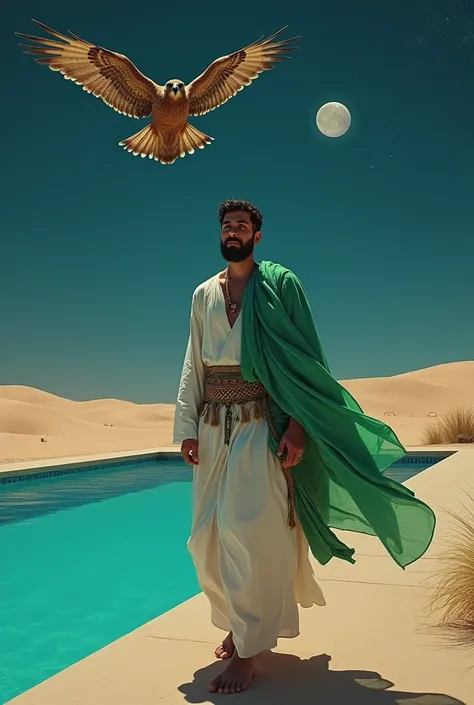 An imaginary picture of Sheikh Rouhani Sufi, a short-bearded young man wearing a white cloak with a large green shawl, walking at night in a desert with a large strong Shaheen falcon guarding him and a turquoise swimming pool