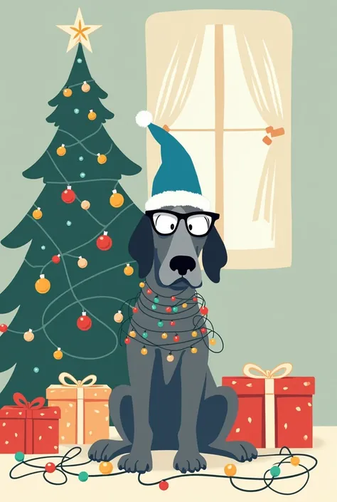 simple vector drawing of a gray Great Dane dog with blue Christmas hat and lenses entangled with Christmas lights in front of a Christmas tree and gifts with space to write a message 