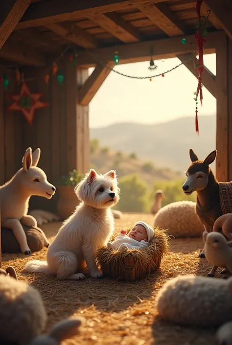 Maltese dog in the Bethlehem nativity scene with christmas animals and Jesus in the manger