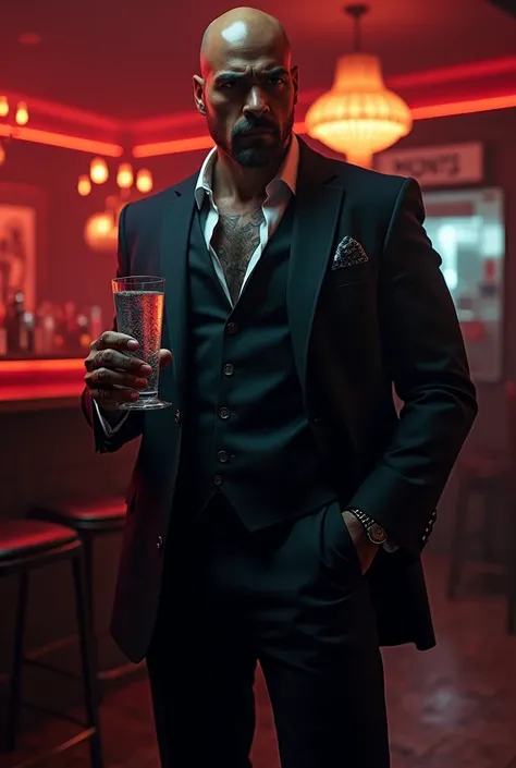 a bald latain american mafia boss, about thirty years old. standing in a club with a glass of vodka in his hand. he is very handsome, radiates dominance and danger, is tattooed on his hands, wears a suite
