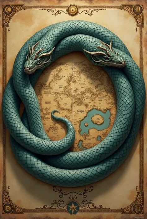 " A mystical symbol of Jörmungandr biting his tail, surrounding an ancient map of Midgard ,  depicting the balance between life , death and rebirth."