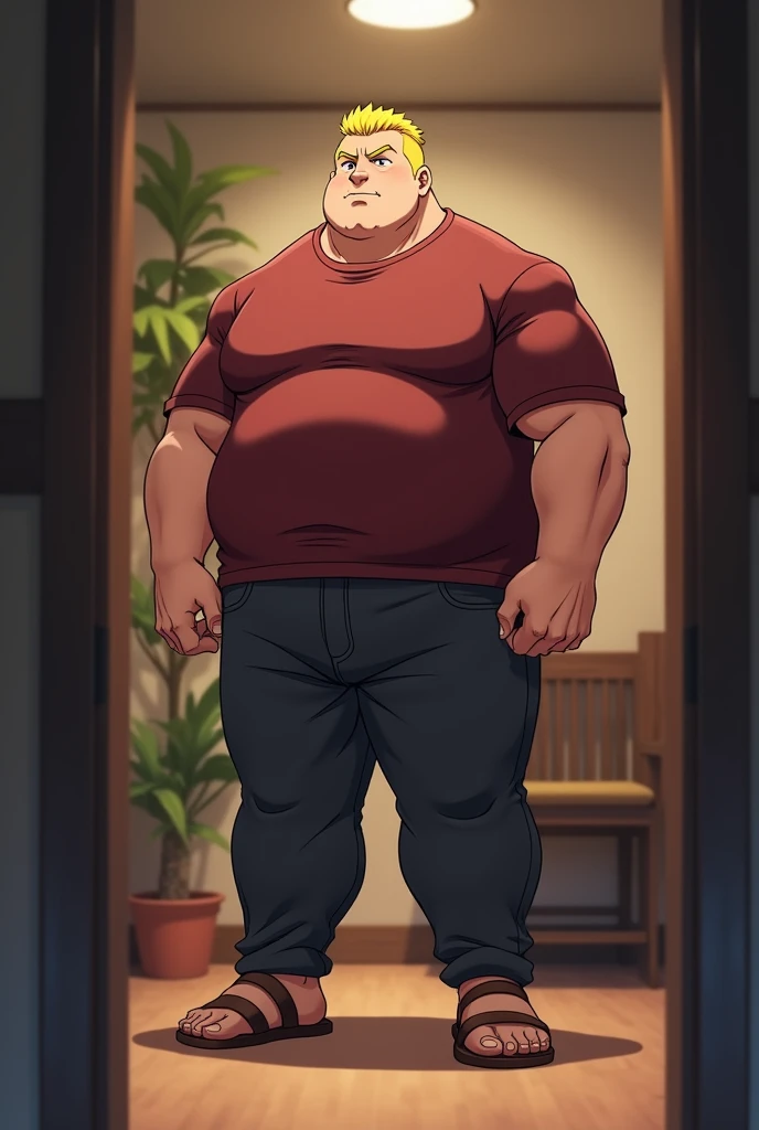 Tall Man, with round face, with short yellow haircut, less chubby, muscular, in Anime, wearing his mahogany shirt, dark gray pants, brown sandals, in the private room, standing