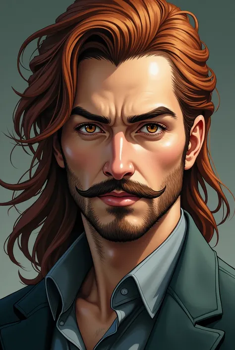 A 30+ years old man with mustache, long rusty colour hair, elegant hairstyle, this character embodies a finely crafted fantasy-style scientist in anime style, exquisite and mature manga art style, high definition, best quality, highres, ultra-detailed, ult...