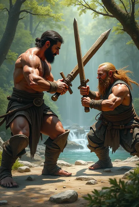 a man and a dwarf training to fight with wooden weapons 