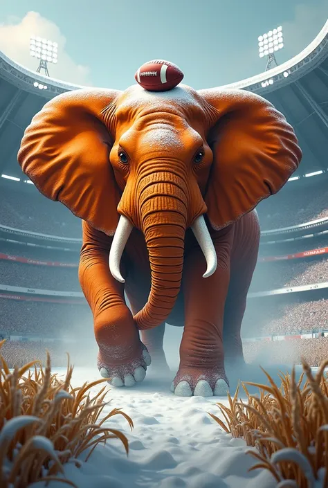 orange elephant angry, strong, football, stadium, corn, snow, stadium, throne