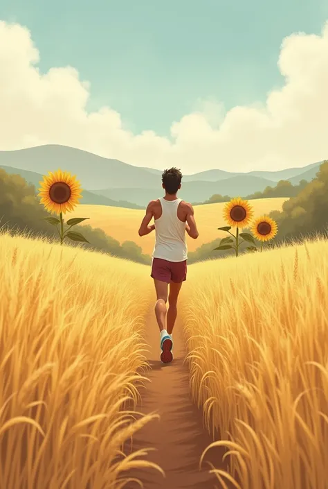  Create me a fairly aesthetic A5 graphic poster with a runner in the wheat fields, les collines très basses genre campagne et les tournesols, realistic but not too modern , very pretty 