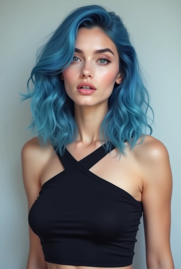 A Hyper Realistic , A young woman, vibrant Deep blue hair, central subject, slightly left of center, facing viewer, neutral engaging expression, black fitted cross-over crop top, soft even lighting, fair skin tone, light-gray eyes, light pink hair, plain l...