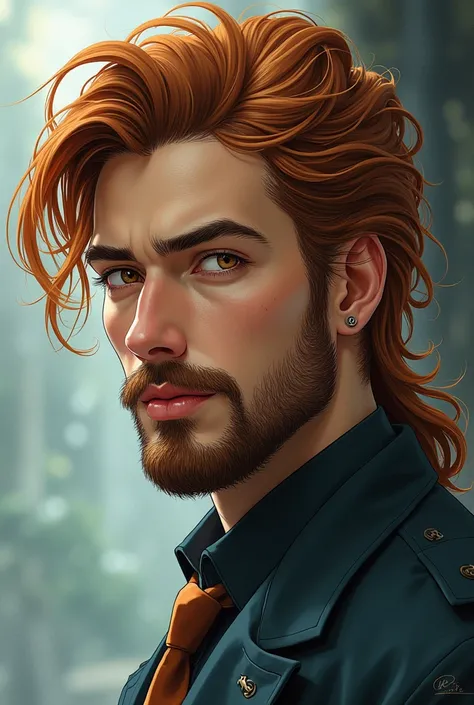 A younger (25+ yo) man with beard, long rusty colour combed hair, elegant hairstyle, this character embodies a finely crafted fantasy-style scientist in anime style, exquisite and mature manga art style, high definition, best quality, highres, ultra-detail...