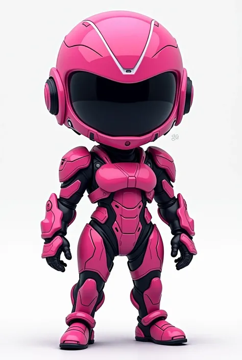  A chibi futuristic design of a female character in a fixed front pose , elegant and safe .  His armor is predominantly bright pink with details in black and white ,  symmetrically distributed to reflect force ,  sophistication and modernity .  His futuris...