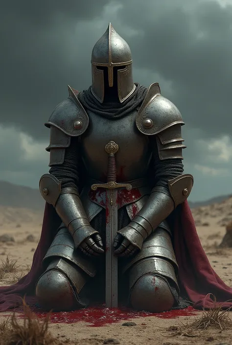 A medieval knight  , with a helmet,  a sword stuck in his abdomen ,  kneeling,  feeling his last moments of life, dark theme