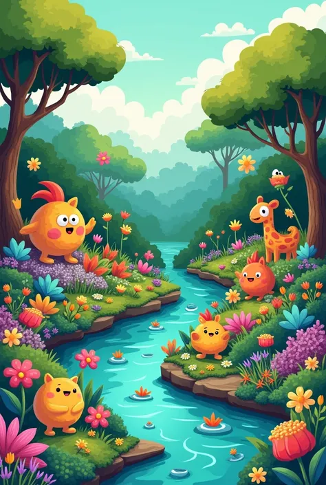 Forest garden ,  to the edge of a river,  very cheerful colors , Art and easy without any details