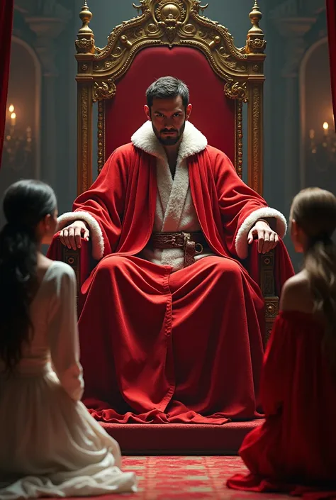 Impetuous king in red robe on a red throne with two women seated on the floor in front of him medieval
