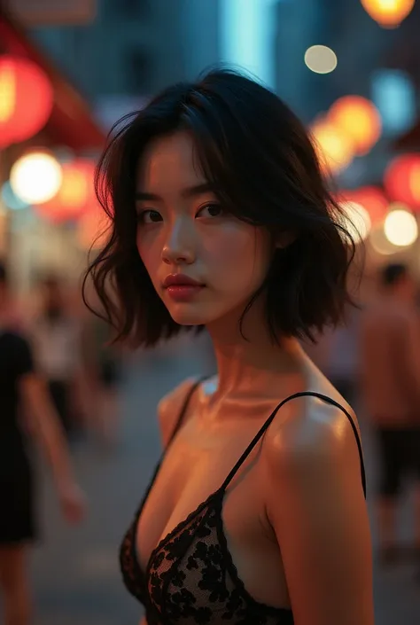 masterpiece,  top quality , Miranda, (half body shot,street lights,moon),masterpiece,  1girl, Solo exhibition , beautiful woman on the bustling street, surrounded by hawkers, Portrait of a beautiful goddess , Beautiful and detailed face, porcelain skin, ((...