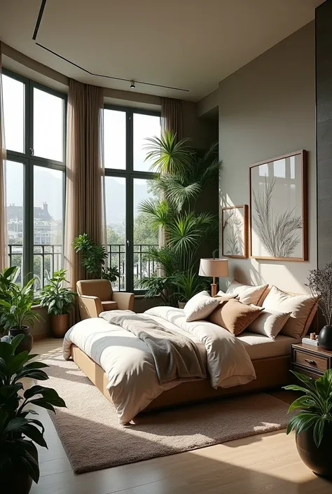  overview of a large bedroom full of decorations and plants, modern and with a large window to the balcony 