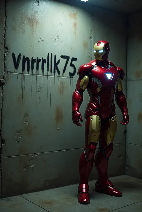 Iron Man and a written drawing on the wall "vnrrlk75 "