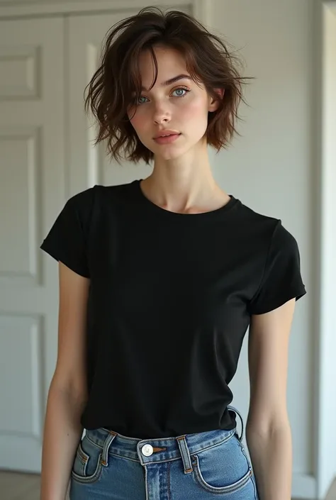  Beautiful male woman  (very short brown hair, tuft, light skin,  clear eyes,  wearing a black t-shirt and jeans) rejecting a man  