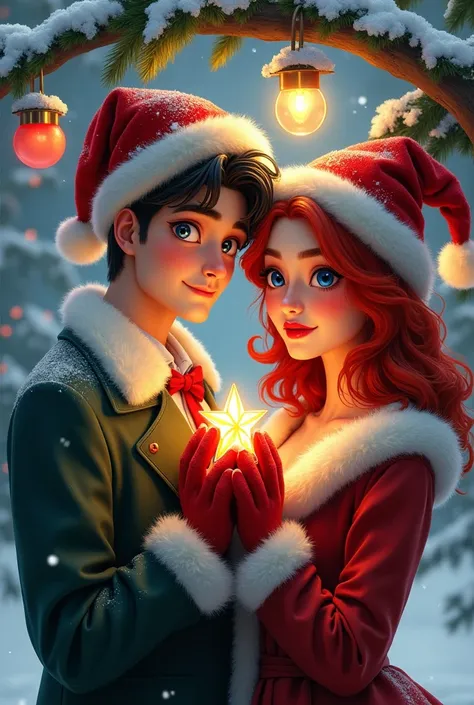   Photorealist of couple with big blue eyes and voluptuous lips and lips, blushed pink, red hair wearing a pompous Christmas hat and a red ribbon and wearing red gloves, silk and pompous, she is standing under snow and holding a Christmas star in her hands...