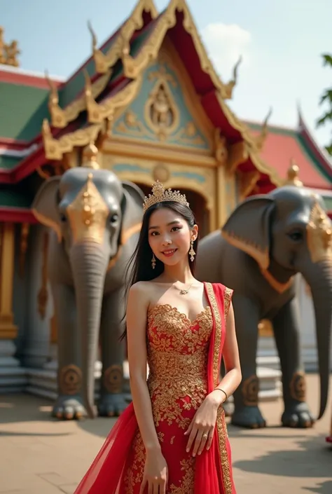 The stunning beauty of Thailand, a beauty commemorating the winner of the page of the universe, elegantly dressed in traditional Thai silk with an imitation of rich Thai clothing, shows the soft power of Thailand. She poses gracefully in front of the Thai ...