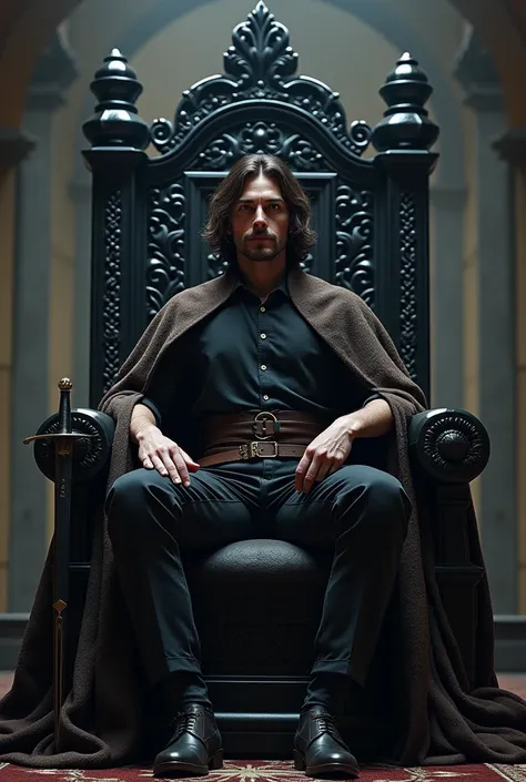 A man on a huge black/obsidian throne wearing a black button up with a belt and a dark brown  cloak, brown hair and shoulder length black hair , with a black sword next to the throne