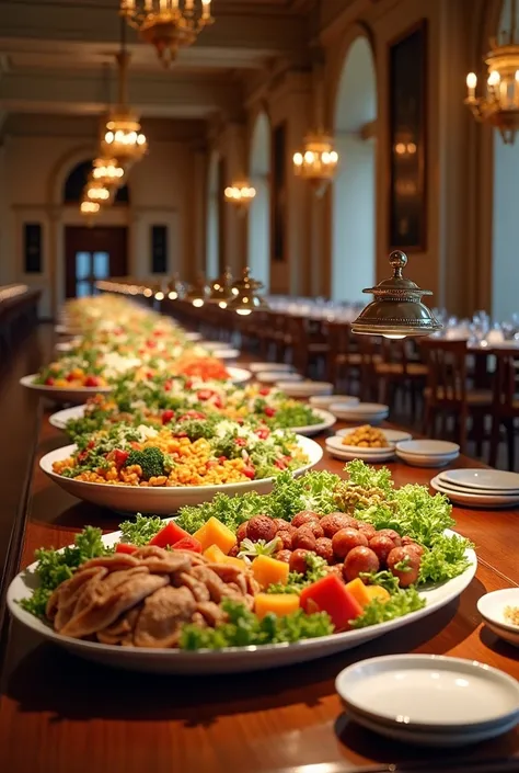 the buffet dining room of a prestigious and old campus with healthy food without students