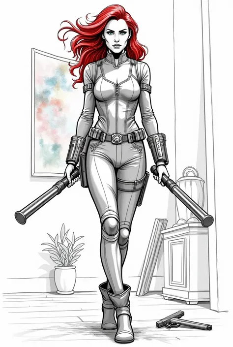 Illustration , Mustafa Swedan ,  drew a line drawing on a white background , Portrait of Scarlett Johansson as Black Widow, holding two electric sticks, a multi-colored painting, a gun in a case with her belt