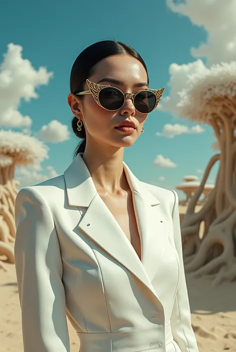  Create an image of a full-length portrait woman wearing an extravagant white jacket and mustache-shaped glasses from a luxury brand inspired by Salvador Dalí. I want it to be from head to toe 