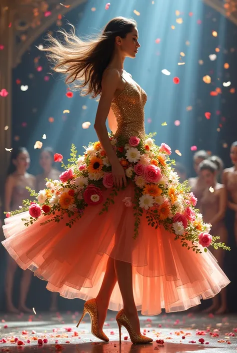 The brunette dancer captivates the audience as her gown begins to come to life. Flowers—roses, lilies, and vibrant wildflowers—start blooming from the hem and gradually climb up the skirt, their vivid colors standing out under the bright, festive lights. H...