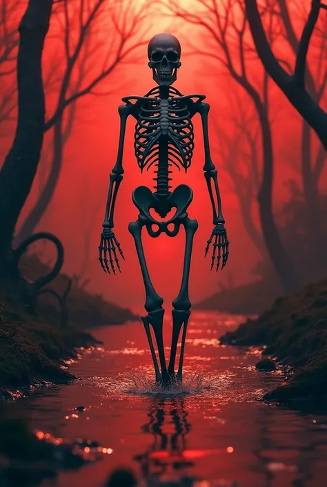 a bottom shot , realistic Skeleton walking above water in a disturbed red forest with dark atmosphere, hands in water ,8k