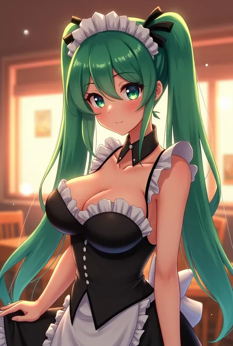 1woman, Sexy, Anime, Large breasts, Scantily Cald, Lond Green Hair with Twin Tails, Bangs Covering Eyes, Maid Headdress, Maid Cafe Backround, Sparkle, Glowing Light, High Resolution, High Details, UHD, Pixar, 