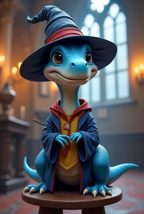 Can you make a disneyeaque image of a cute blue velociraptor from the movie Jurassic World sitting on a stool in Hogwarts getting sorted by the sorting hat, wearing Gryffindor robes. Can the dinosaur be holding a wand