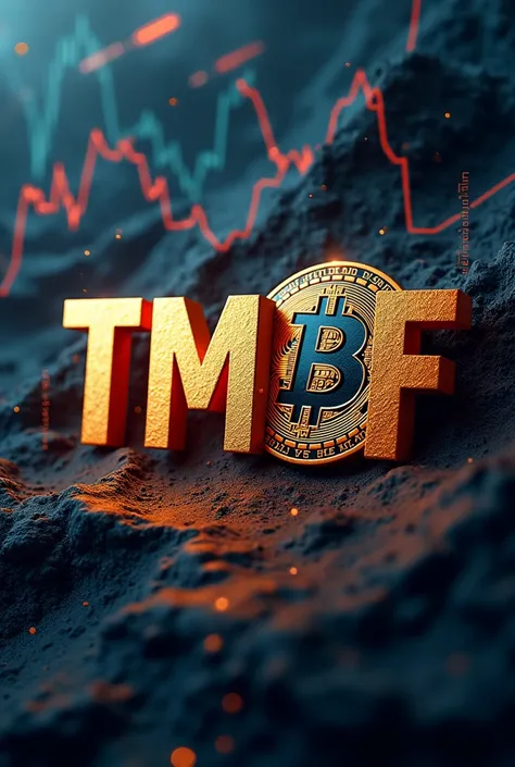 TMAF letters and bitcoin logo and bars chart pattern background.