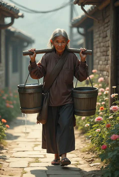 Old Chinese woman as a water carrier - two buckets of water on wooden stick on back - one bucket loses water - footpath with flowers on the right